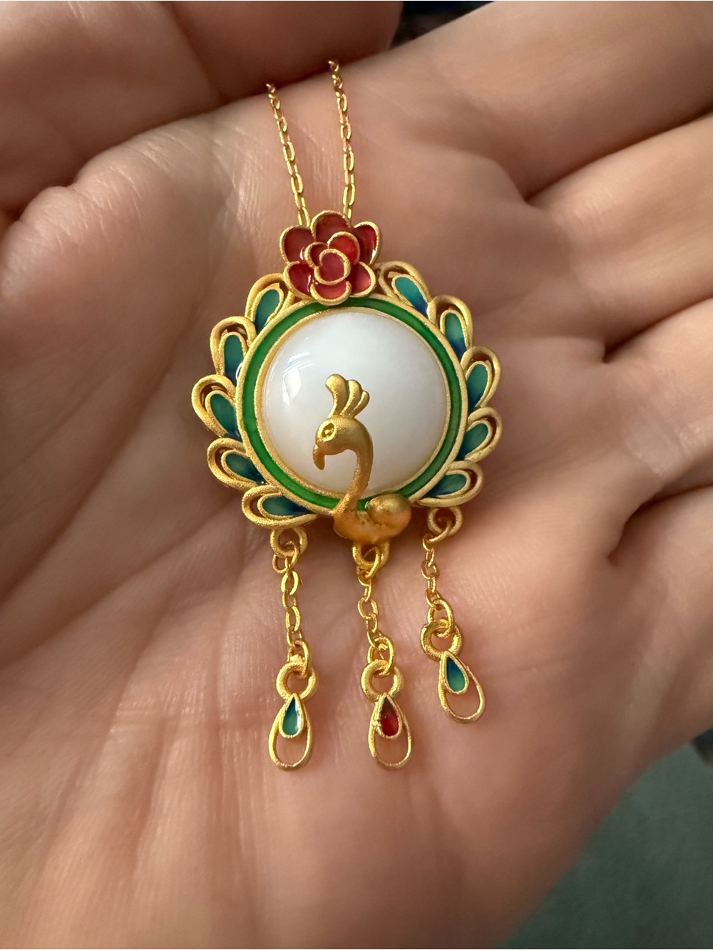 Peacock Pendant Necklace with Green, White & Red Enamel